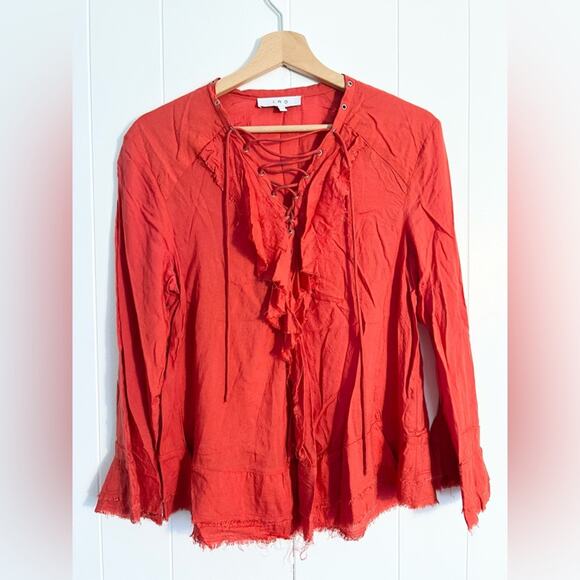 IRO Finley Red Ruffle Lace-up Blouse Boho - Picture 2 of 12